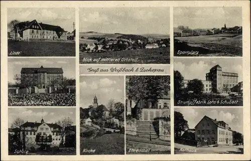 Ak Weißbach Amtsberg Sachsen, Heim Linde, Kirche, Ehrenmal, Rathaus, Schule, Strumpffabrik