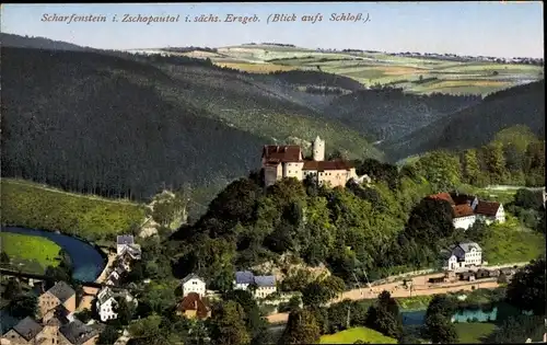 Ak Scharfenstein Drebach im Erzgebirge Sachsen, Schloss mit Umgebung, Zschopautal