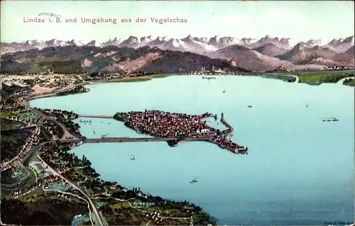 Ak Lindau im Bodensee Schwaben, Ortsansicht und Umgebung aus der Vogelschau