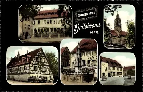 Ak Heilsbronn in Mittelfranken, Kirche, Brunnen, Hotel Cafe Restaurant Klosterhof