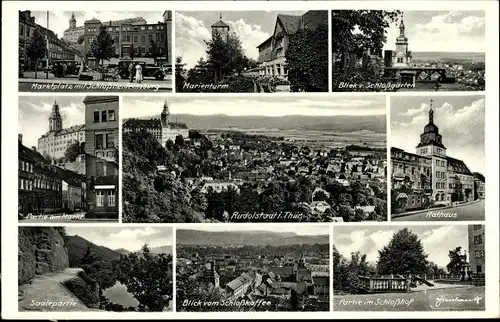 Ak Rudolstadt in Thüringen, Marienturm, Markt, Schlosshof, Rathaus, Schlossgarten, Saale