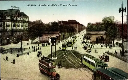 Ak Berlin Tiergarten, Potsdamer Platz mit Verkehrsturm, Straßenbahn