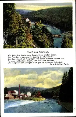 Ak Amerika Penig in Sachsen, Vogelschau, Mulde, Gedicht Ernst Scheffler