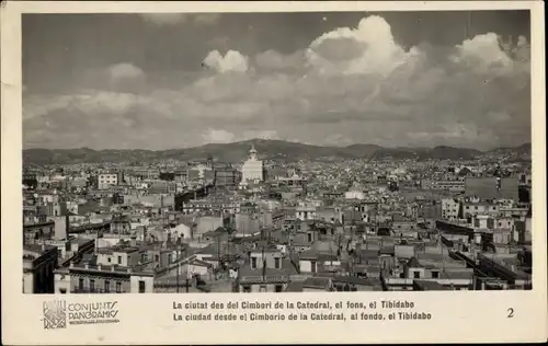 Ak Barcelona, La ciutat des del Cimbori de la Catedral, el fons, el Tibidabo