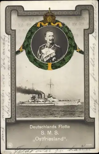 Passepartout Ak Deutsches Kriegsschiff, SMS Ostfriesland, Kaiser Wilhelm II., Portrait