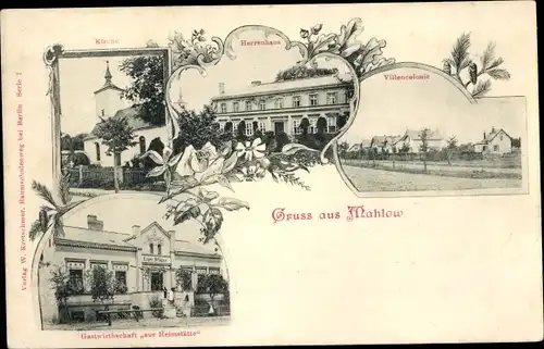Ak Mahlow in Brandenburg, Villenkolonie, Herrenhaus, Kirche, Gastwirtschaft zur Heimstätte