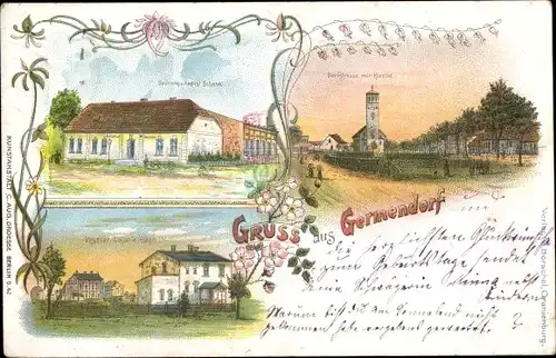 Litho Germendorf Oranienburg in Brandenburg, Dorfstraße, Gasthaus, Kirche