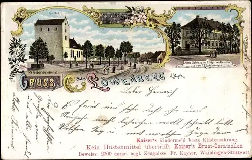 Litho Löwenberg in der Mark, Altes Schloss, Kriegerdenkmal, Kirche