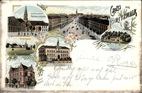 Litho Pritzwalk in der Prignitz, Krankenhaus, Bankgebäude, Marktplatz, Rathaus, Stadtmauer