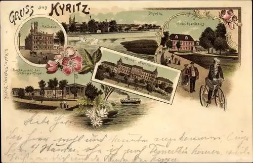 Litho Kyritz in der Prignitz, Schützenhaus, Radfahrer, Seminar, Rathaus, Restaurant