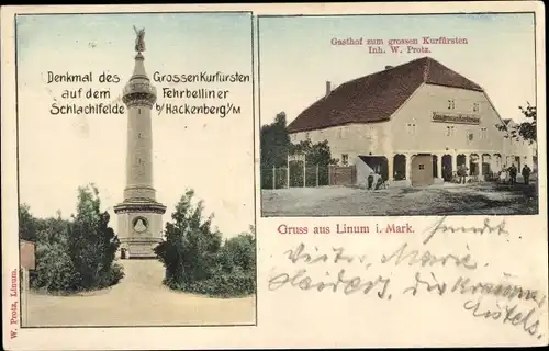 Ak Linum Fehrbellin in Brandenburg, Denkmal des Großen Kurfürsten, Gasthof