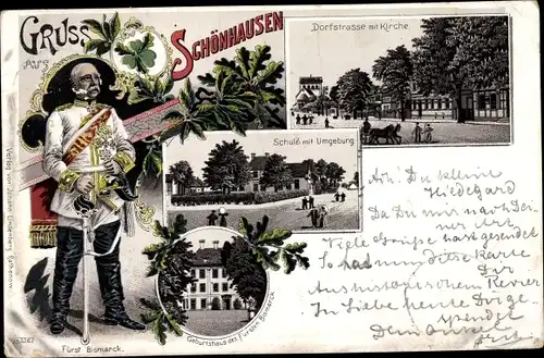 Litho Schönhausen Elbe Sachsen Anhalt, Dorfstraße mit Kirche, Schule, Geburtshaus von Bismarck
