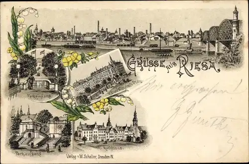 Vorläufer Litho Riesa an der Elbe Sachsen, Rathaus, Parkaufgang, Kaiser Wilhelms Platz, 1895
