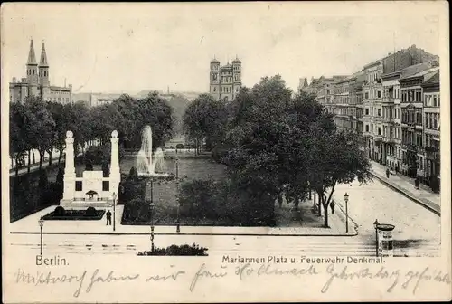 Ak Berlin Kreuzberg, Mariannenplatz und Feuerwehr Denkmal