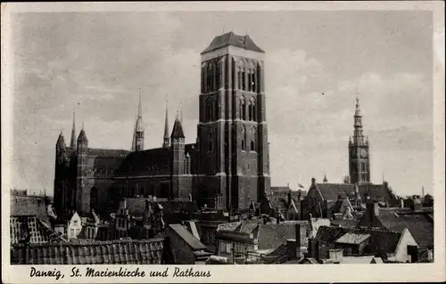 Ak Gdańsk Danzig, St. Marienkirche, Rathaus