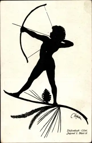 Scherenschnitt Künstler Ak Diefenbach, Göttliche Jugend 1, Teilbild 11, Bogenschütze