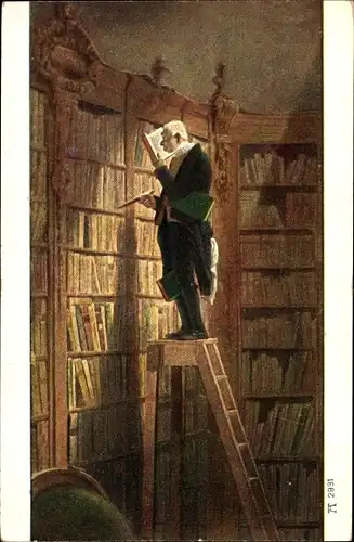Künstler Ak Spitzweg, Carl, Der Bücherwurm, Mann in der Bibliothek, Ackermann Nr. 2981