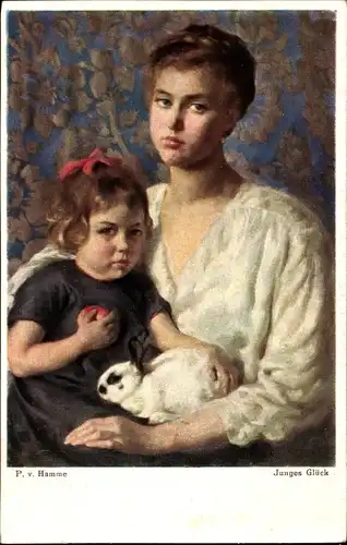 Künstler Ak Hamme, P. v., Junges Glück, Frau mit Kind, Kaninchen