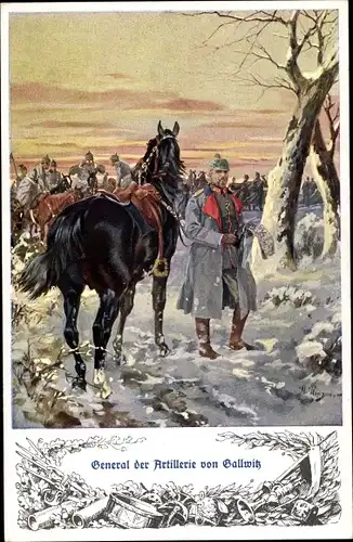 Künstler Ak General der Artillerie Max von Gallwitz, Portrait, Pferd, Winter, I. WK