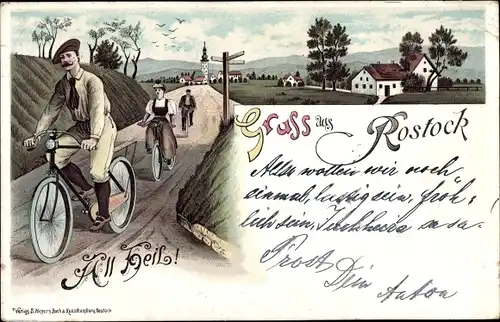 Litho All Heil, Radfahrer, Gruß aus Rostock