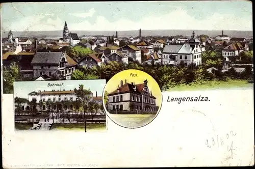 Ak Bad Langensalza in Thüringen, Panorama der Stadt, Bahnhof, Post
