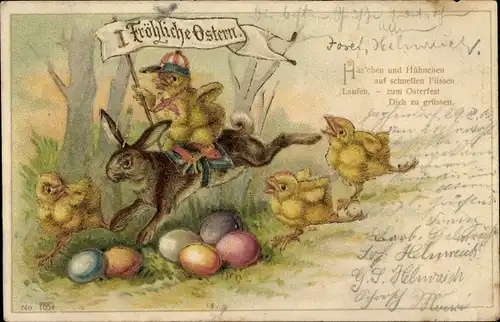 Präge Litho Glückwunsch Ostern, Küken auf dem Osterhasen reitend, Ostereier