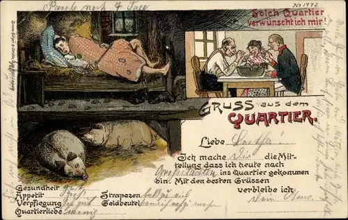 Litho Gruß aus dem Quartier, Zimmer im Schweinestall, Familie am Tisch, Solch Quartier wünsche ich..