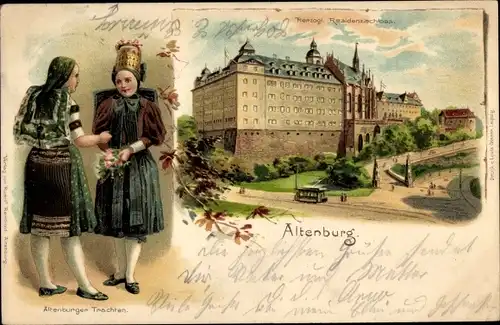 Litho Altenburg in Thüringen, Herzogliches Residenzschloss, Straßenbahn, Mädchen in Trachten