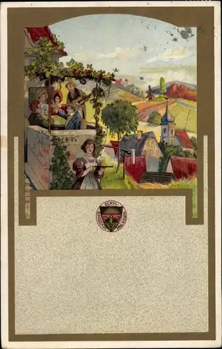 Litho Deutscher Schulverein, Mann mit Gitarre,Terrasse von einem Gasthaus, Windmühle