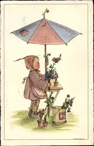 Künstler Ak Mädchen verkauft Blumen, Sonnenschirm, Vogel, Eimer
