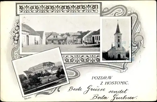 Ak Hostomice pod Brdy Hostomitz Region Mittelböhmen, Kirche, Schule, Marktplatz