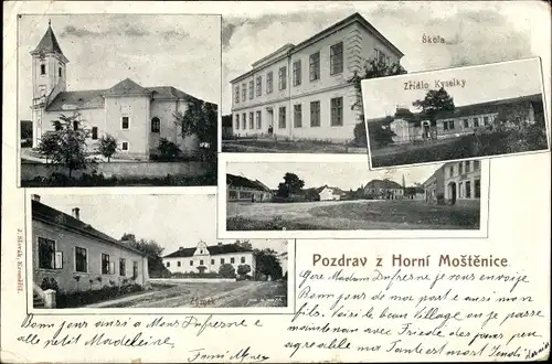 Ak Horní Moštěnice Region Olmütz, Skola, Kyselky, Zamek, Schule, Kirche, Schloss