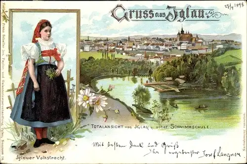 Litho Jihlava Iglau Region Hochland, Totalansicht, Schwimmschule, Frau in Tracht