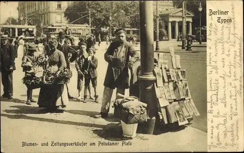 Ak Berlin Tiergarten, Blumen- und Zeitungsverkäufer am Potsdamer Platz