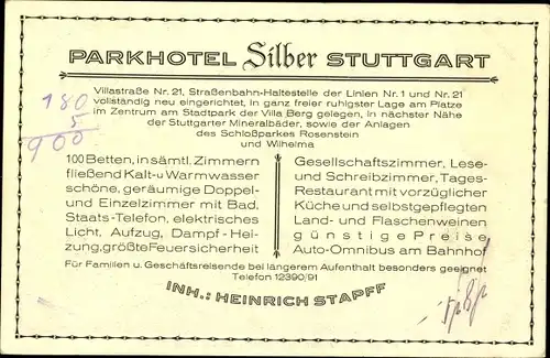 Ak Stuttgart in Baden Württemberg, Parkhotel Silber