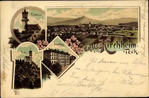 Litho Kirchheim unter Teck Württemberg, Teckturm, Schulhaus, Totalansicht der Ortschaft