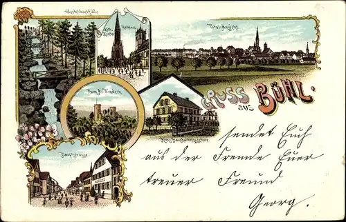 Litho Bühl in Baden Schwarzwald, Burg Alt Windeck, Haushaltungsschule, Gertelbachfälle, Hauptstraße