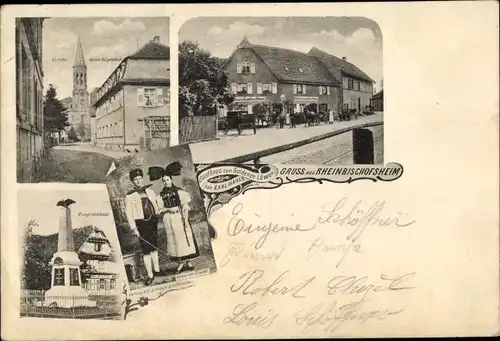 Ak Rheinbischofsheim Rheinau in Baden, Kriegerdenkmal, Gasthaus, Kirche, Trachten