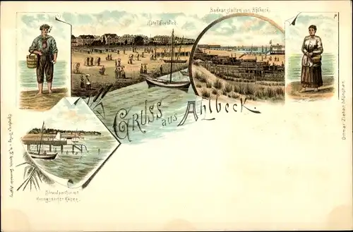 Litho Ostseebad Ahlbeck Heringsdorf auf Usedom, Strandpartie, Badeanstalt, Hotel Seeblick