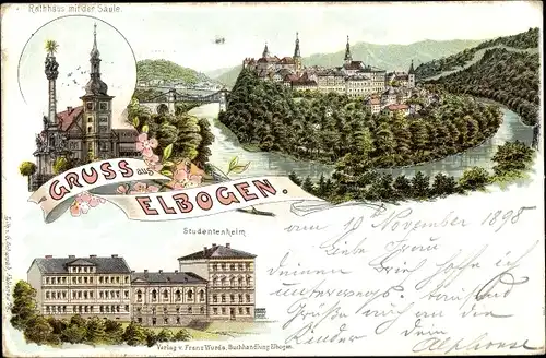 Litho Loket Elbogen Region Königgrätz, Rathaus mit Säule, Studentenheim, Totalansicht