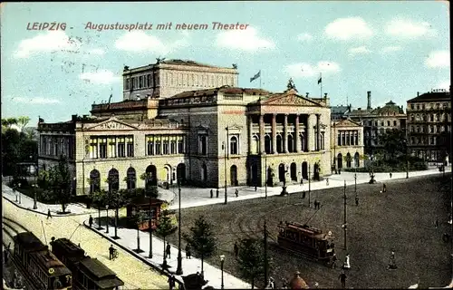 Ak Leipzig in Sachsen, Augustusplatz mit neuem Theater, Straßenbahn