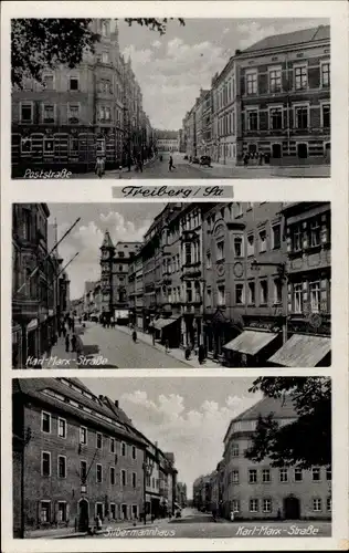 Ak Freiberg in Sachsen, Poststraße, Karl-Marx-Straße, Silbermannhaus