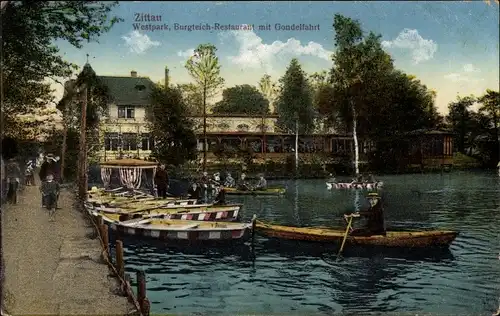 Ak Zittau Sachsen, Westpark, Burgteich-Restaurant mit Gondelfahrt, Teich