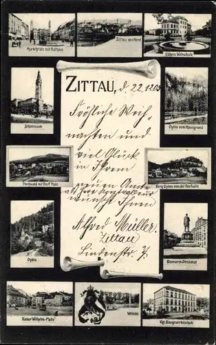 Ak Zittau in Sachsen, Marktplatz mit Rathaus, Burg Oybin, Karl-Wilhelm-Platz, Kgl. Baugewerbeschule