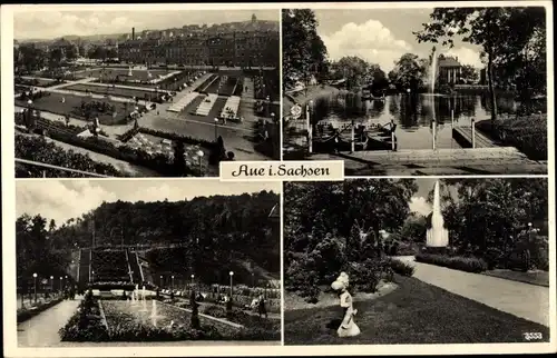 Ak Aue im Erzgebirge Sachsen, Gartenanlage mit Fontäne, Terrasse und Statue