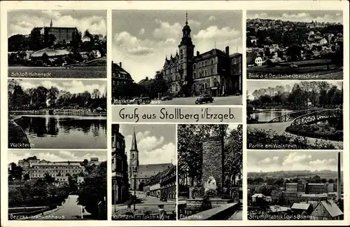 Ak Stollberg Erzgebirge, Schloss Hoheneck, Strumpffabrik, Rossmarkt, Ehrenmal, Bezirkskrankenhaus