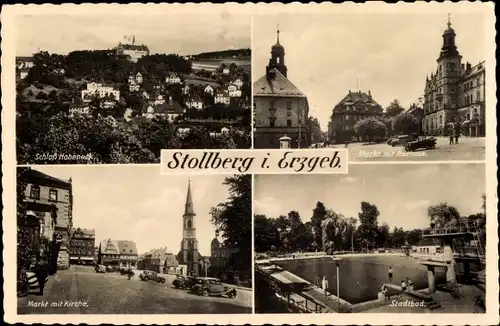 Ak Stollberg im Erzgebirge, Schloss Hoheneck, Markt mit Kirche, Rathaus, Stadtbad