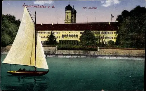Ak Friedrichshafen am Bodensee, Kgl. Schloss, Segelboot