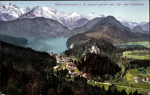 Ak Hohenschwangau Schwangau im Ostallgäu, Blick v. d. Jugend n. Schloss m. Alp- und Schwansee