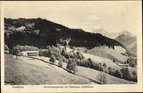 Ak Ramsau im Berchtesgadener Land Oberbayern, Soleleitungsweg mit Gasthaus Zipflhäusl